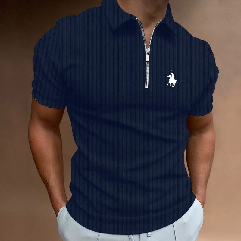 New Summer Trending Stripe Polo Shirt Men Casual Golf Shot Sleeve Zipper Polo Shirt .