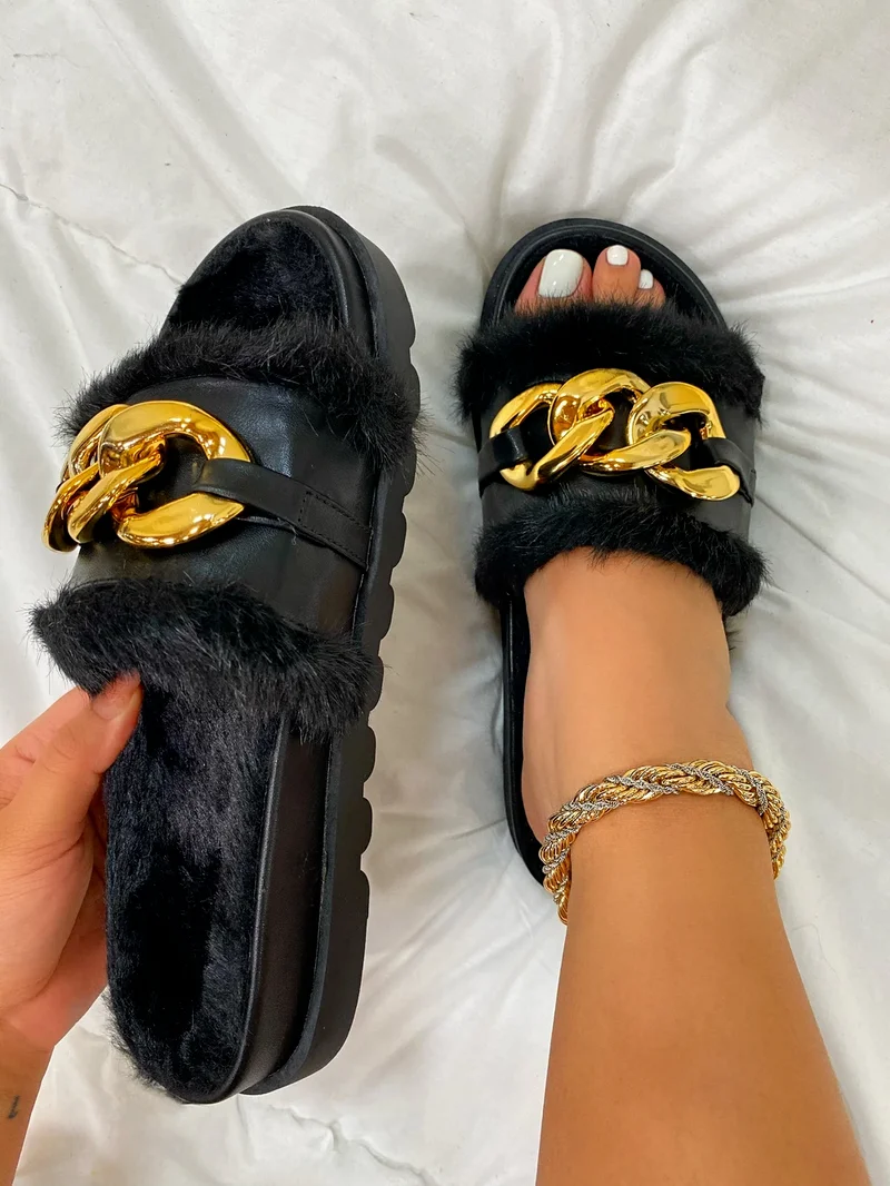 2023 Winter Plush Slippers Open Toe Solid Color Women's Sandals Metal Chain Outdoor Casual Women's Shoes  Fashion Shoes