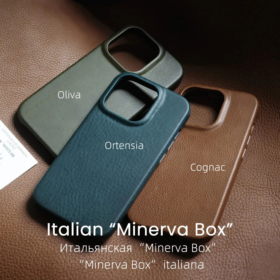 Italian Minerva Box Genuine Leather Case for iPhone 14 Pro Max Plus Handmade Luxury Business Cowhide Phone Cover