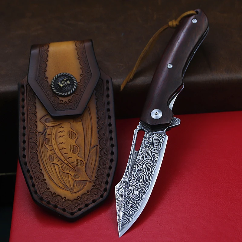 

Outdoor VG10 Damascus Steel mini folding knife micrograined rosewood handle sharp camping paring knife Versatile hunting knife