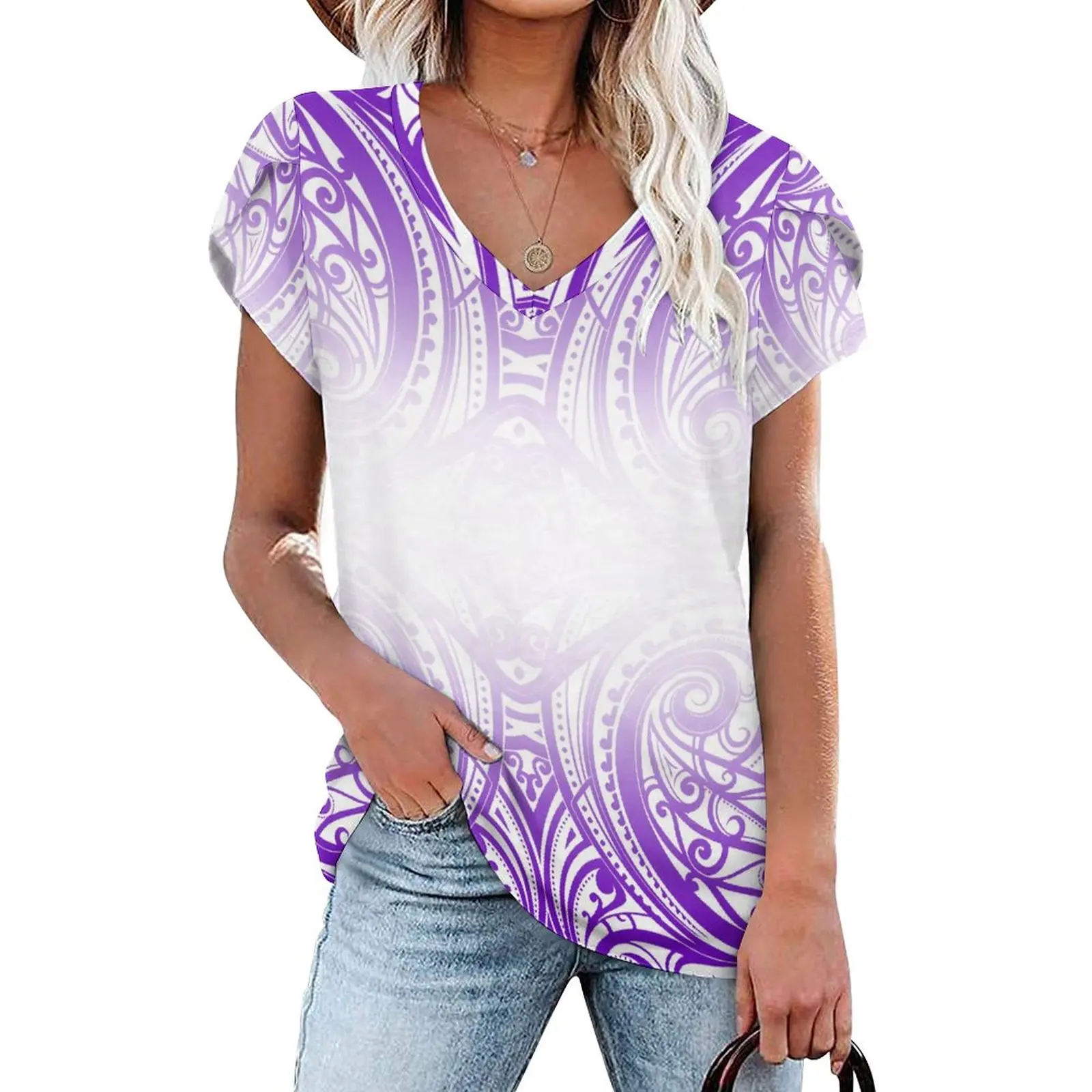 

Blue print hibiscus Polynesian tribal design Breathable Flared sleeves tops custom off shoulder blouse 2021 sexy Charming tops