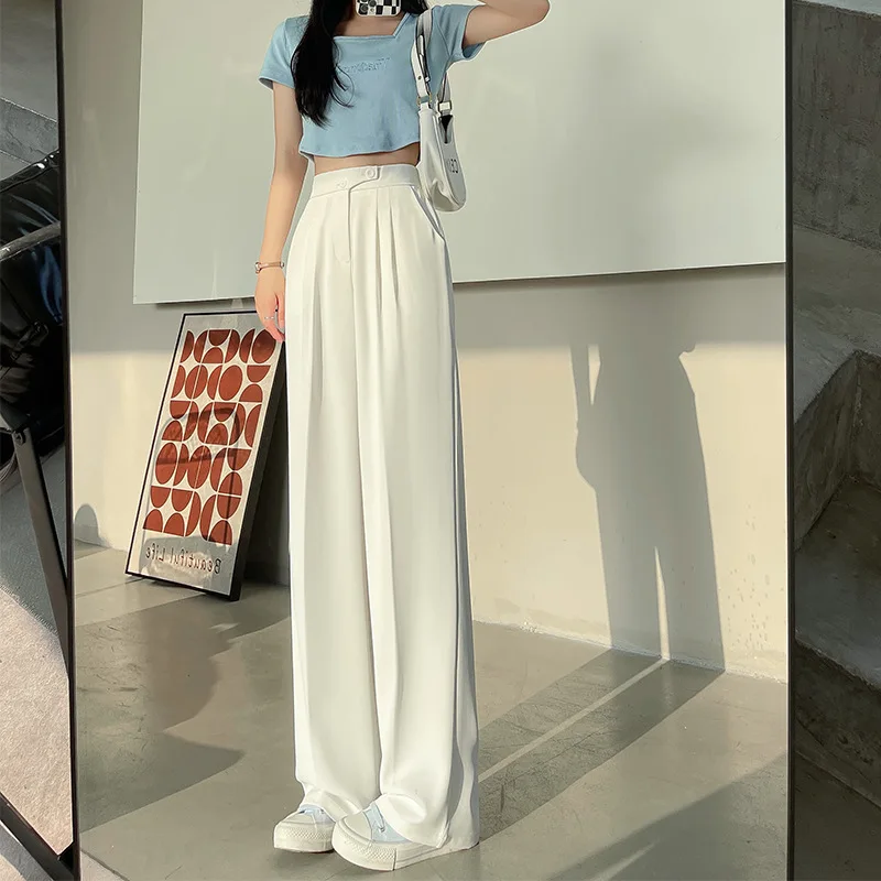

Wide Office Trousers for Women High Waist White Straight Stacked Pants with Pockets Double-button Classic Women's Trousers
