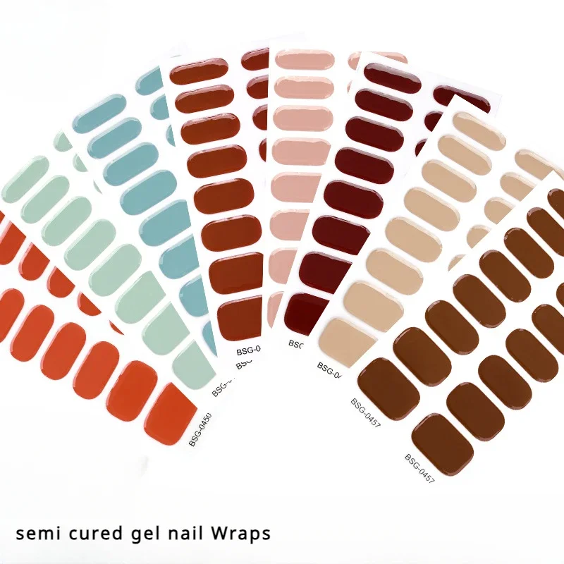 16Tips Solid Color Semi-Curing Nail Art Sticker UV Gel Nail Sticker Light Therapy Red Black Fashion Art Decorations