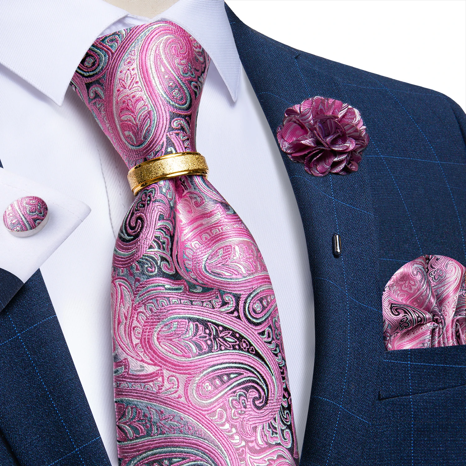 

Luxury Pink Paisley 8cm Silk Ties for Men Wedding Party Accessories Ring Brooch Pin Pocket Square Cufflinks Gift