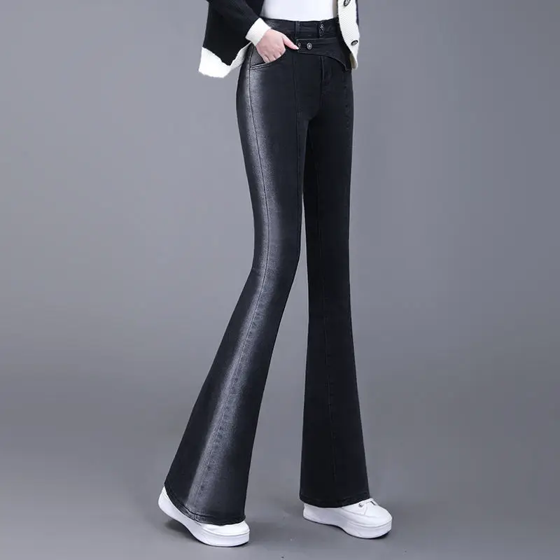 Vintage Gradient Black Korean Slim Flare Jeans High Waist Women Spring Autumn Full Pants Pocket Versatile Simple Casual Trousers