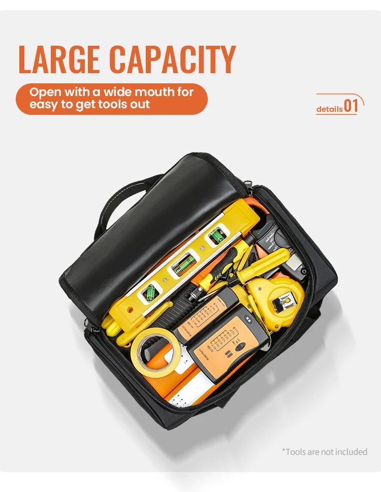 12-Zoll-Werkzeugtasche aus strapazierfähigem Oxford-Gewebe mit mehreren Taschen für Heimreparaturen, Heimwerker, Elektriker, Baustellen – Detail 3