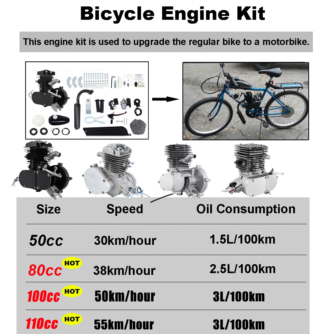 Bike Engine Kit 110cc  80cc 50cc 2-Stroke For DIY Electric Fuel Motorized Bicycle MTB Scooter Gasoline Motor Set Powered Starter