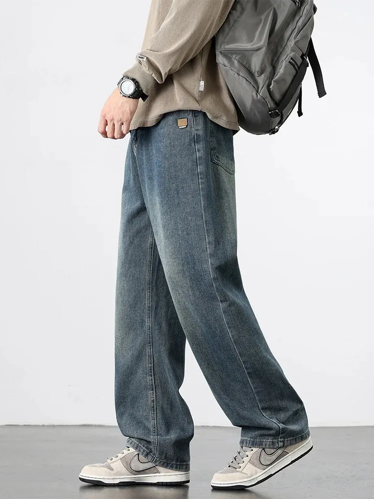 Spring Autumn American Retro Straight Jeans Men Streetwear Korean Fashion Loose Baggy Wide Leg Denim Pants Male Casual Trousers