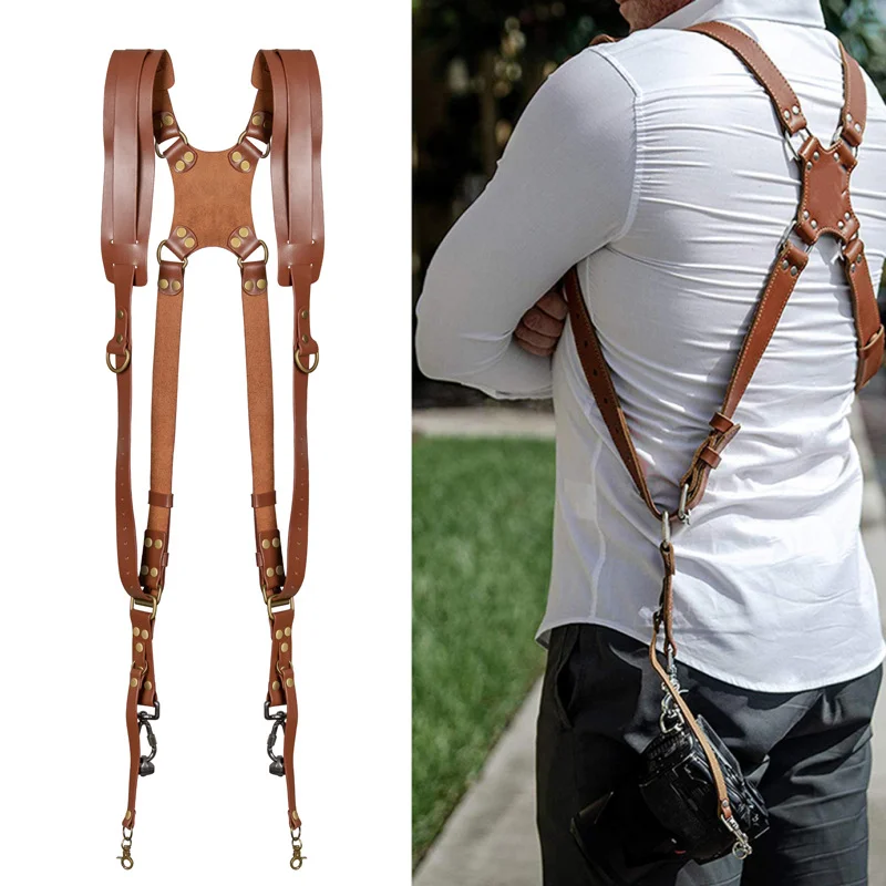 

High Quality Leathe Camera Accessories Dual Harness Two Cameras Shoulder Leather Strap Multi Gear Double Camera Suspenders