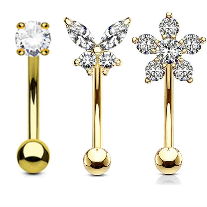 Elegant Heart Crystal Curved Barbell & CZ Star Eyebrow Ring Set - 3-Piece Collection