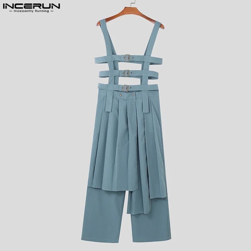 Denim Overalls Men Rompers Men Jumpsuits Solid Sleeveless Pleated Personality Skirts Trousers Streetwear Male Irregular Rompers Overalls S-5XL INCERUN