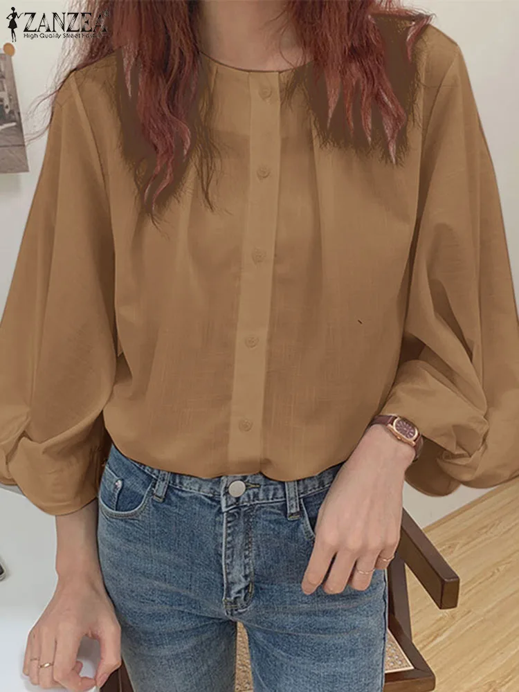 

ZANZEA Casual Buttons Tops Fashion 2023 Autumn 3/4 Sleeve Shirts Solid Loose Twisted Cuff Pleats Tunic Vintage Round Neck Blouse