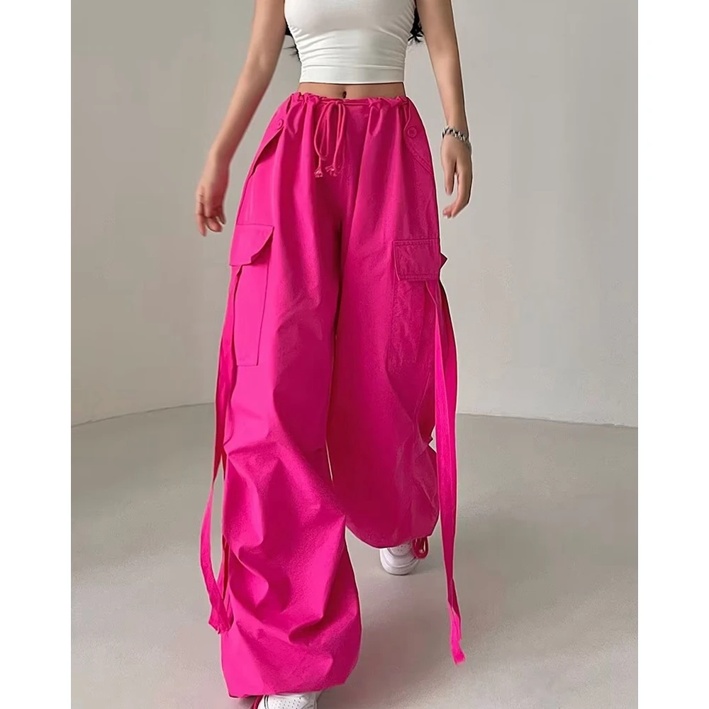 Korean Style Women Drawstring Pocket Design Cargo Pants Female Ribbon Decor Buckle Cuffed Wide Leg Pants Fashion Streetwear