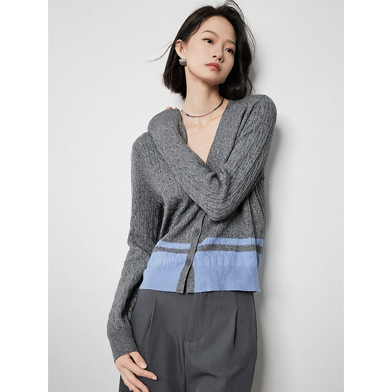 Women Knitwear Cardigan Autumn V Neck Contrast Color Single Breasted Button Knitted Sweater Cardigan Jacket