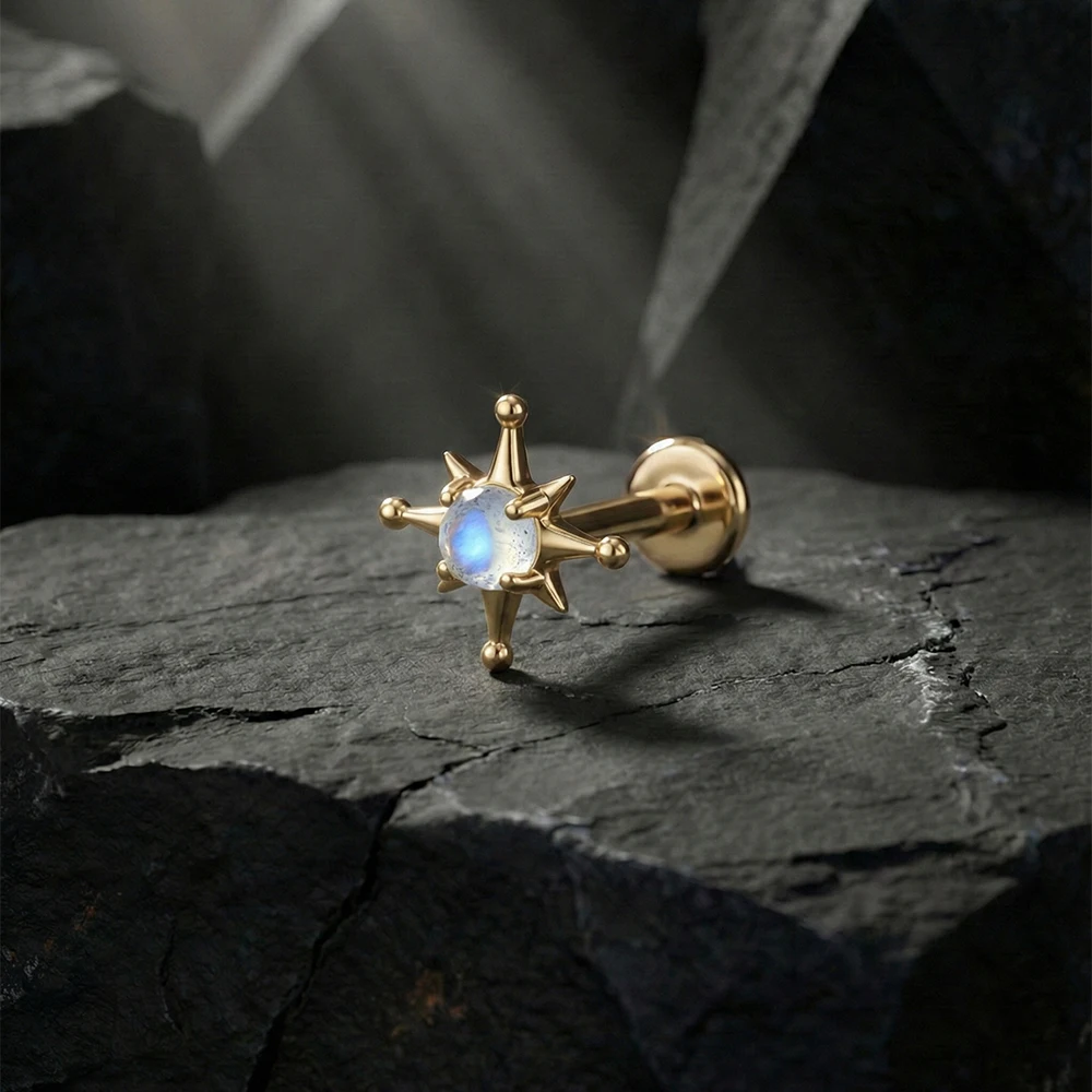 록시 14K 솔리드 골드 기하학적 모스 아게이트 피어싱 플랫 백 귀걸이 여성용 하트/스타 문스톤 데인티 럭셔리 파티 선물