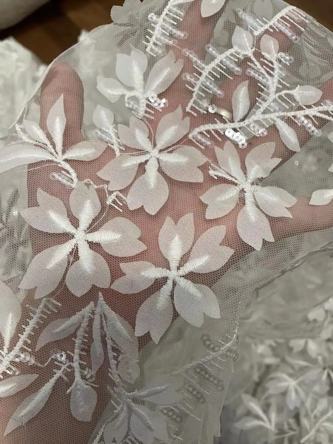 The Latest Lace Wedding Dress Fabric Accessories, Chiffon Material with Sequins, Sold by Yard,
