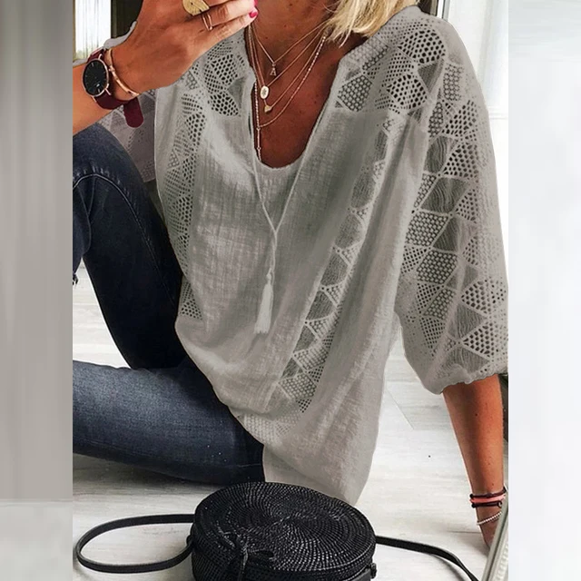 Plus Size Womens 3/4 Sleeve Solid Cotton Lined Tops Ladies Casual Loose Autumn Tunic T Shirt High Quality Clothing L-5XL 2023 4