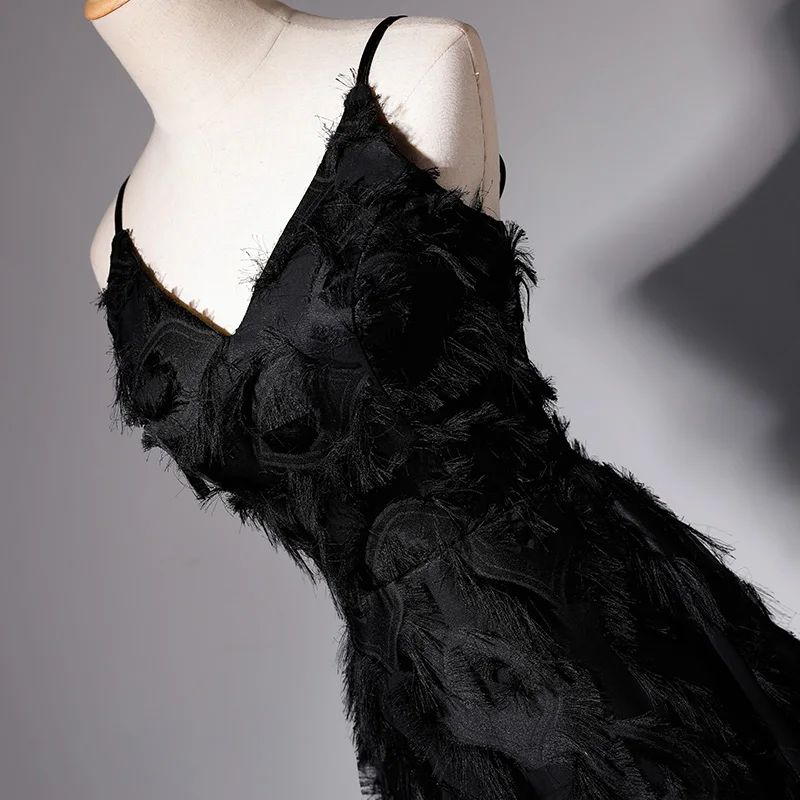 2026 Spring/Summer New Women's V-neck Feather Black Banquet Sexy Evening Dress Fashionable Slimming Strap Long Dress Customize 4