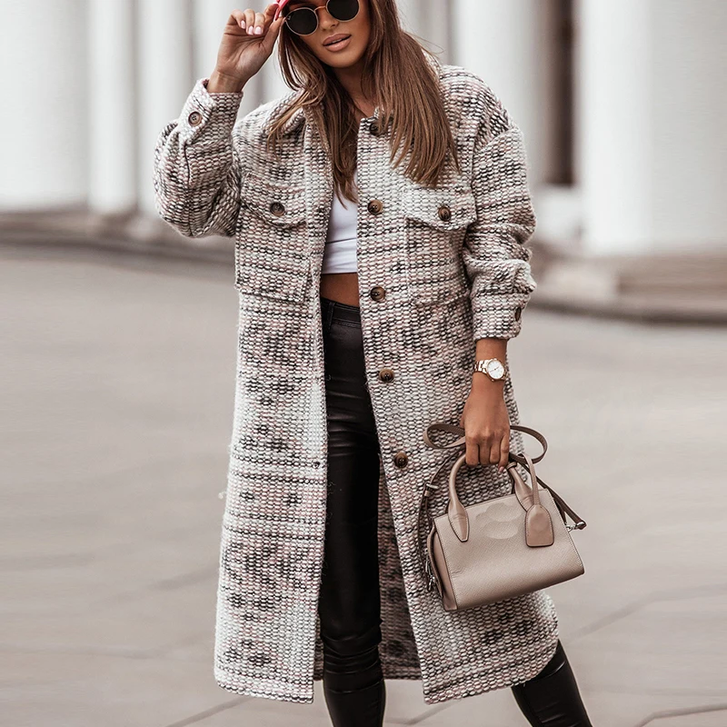 

Fall Pattern Print Wool Coat Women Sexy Turn-down Collar Long Tops Outerwear Winter Fashion Button Open Stitch Jacket Cardigan