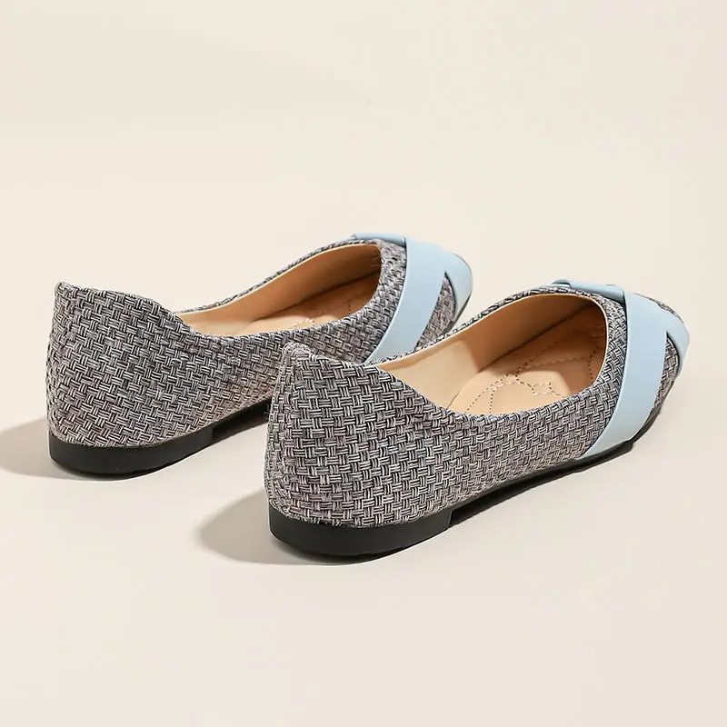2024 Four Seasons New Soft Sole Soft Leather Splicing Square Head Breathable Elegant Ladies Shallow Mouth Casual Flat Shoes
