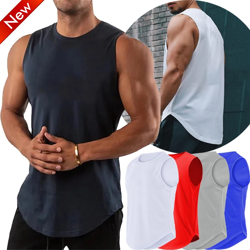 

Men Gym Tanks Tops New Workout Bodybuilding Fitness Sleeveless T Shirt Solid Beach Sportswear Muscle Vests for Male