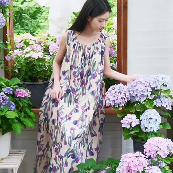 Vintage Romantic Cotton Purple Floral Women's Long Nightgowns Sleeveless Loose Sleepwear Elegant Female Night Dress Home Wear