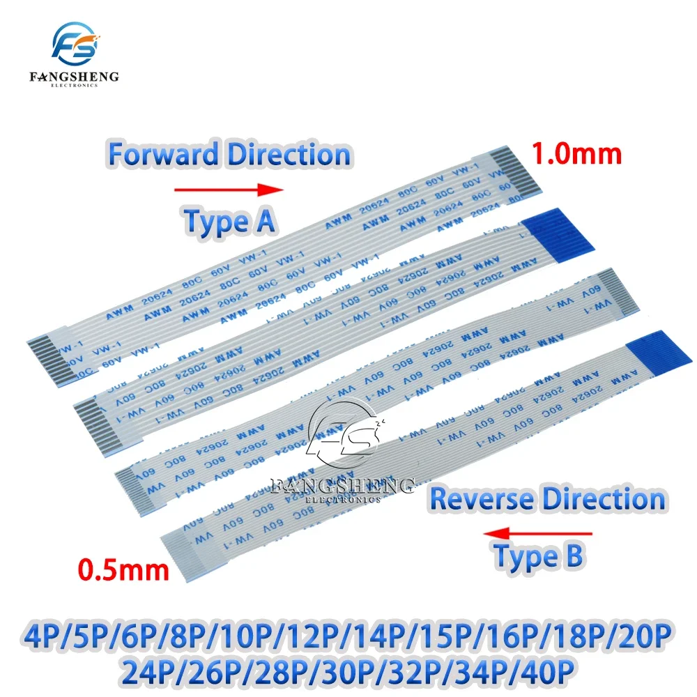 FPC FFC Flexible Flat Cable 10Pcs 1.0MM A/B Type 60/100/150/200/250/300/400mm 4/5/6/8/10/12/14/15/16/18/20/24/26/28/30/32/34Pin