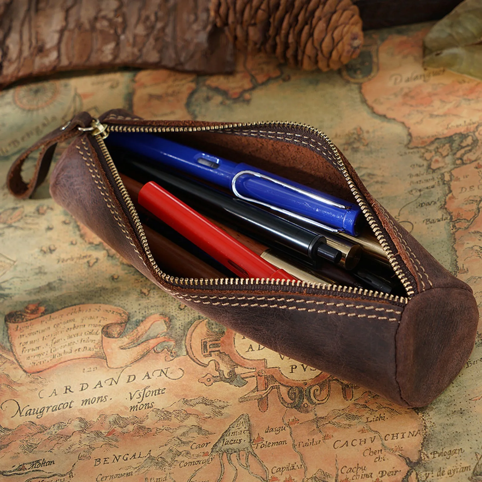 Genuine Leather Zipper Pen Case - Stylish Pencil Pouch for Students, Office & Travel - Compact Stationery Organizer Bag 6