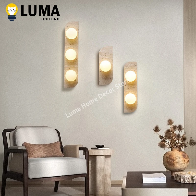Luma Japanese Yellow Travertine Wall Light Glass Ball Caver Stone Wall Sconce Lamp For Bedside Livingroom Staircase Hallway