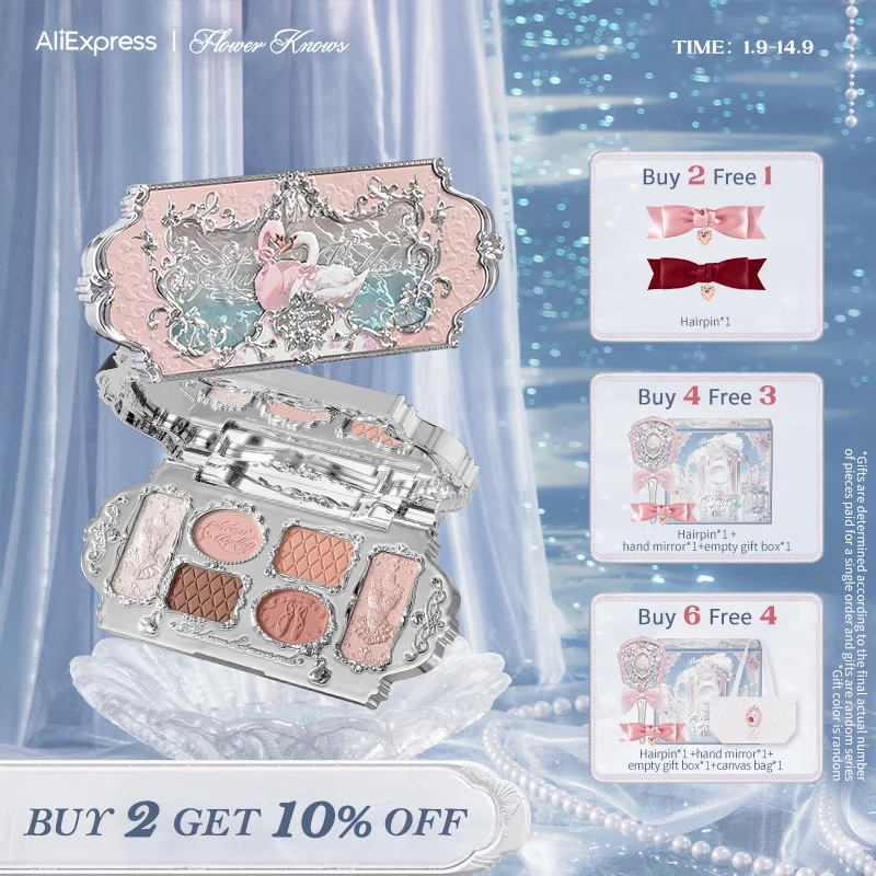 Flower Knows Swan Ballet Series Six-Color Eye Shadow Palette Delicate Matte Glow Shimmer