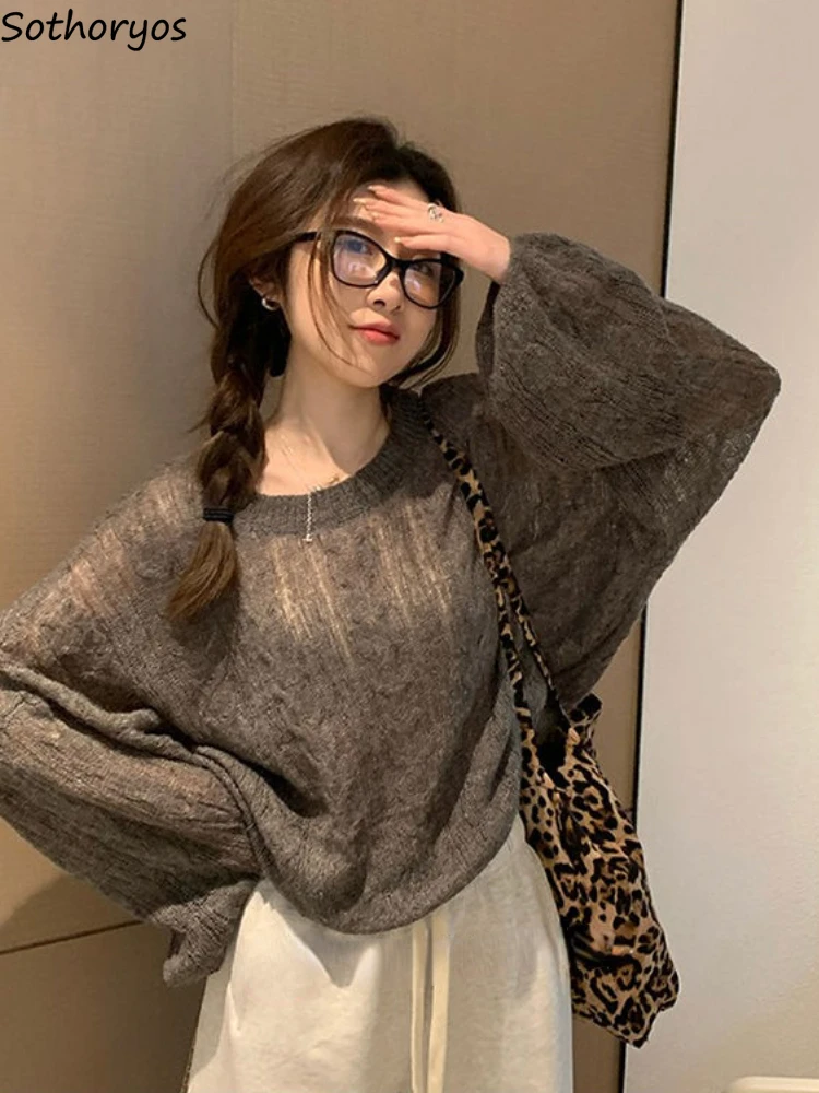 

Women Soft Knitted Pullovers Lazy Style Long Sleeve Tender Ulzzang Mujer Loose Simple All-match Trendy Streetwear Causal Elegant