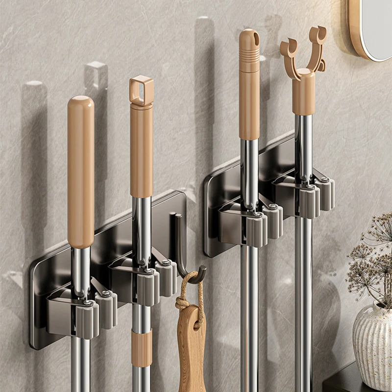 Bathroom Mop Holder Self-adhesive Wall Mounted Broom Stand Sweeping Brush Storage