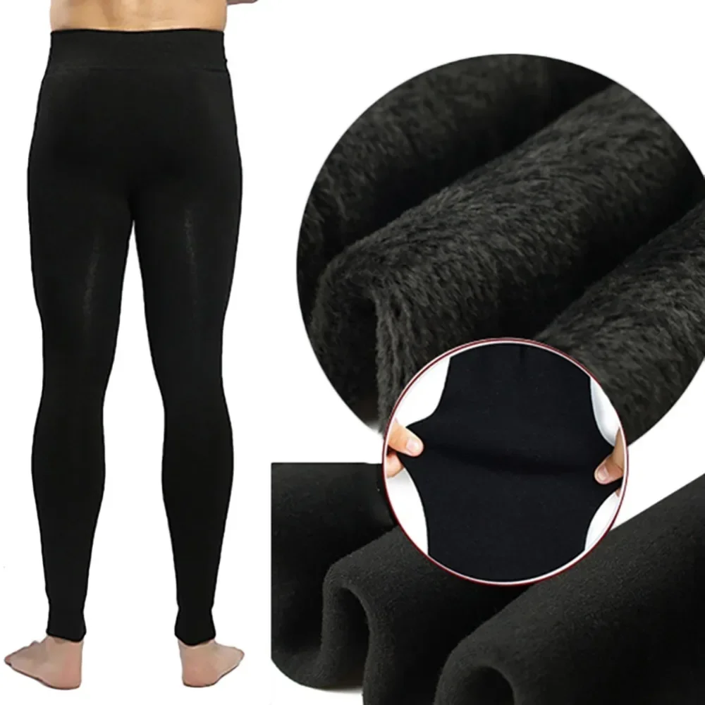 Man Black Skinny Extra-thick Slacks Cotton Men’s Thermals Long Johns Fleece Lined Thick Leggings Layer Warm Winter Leggings