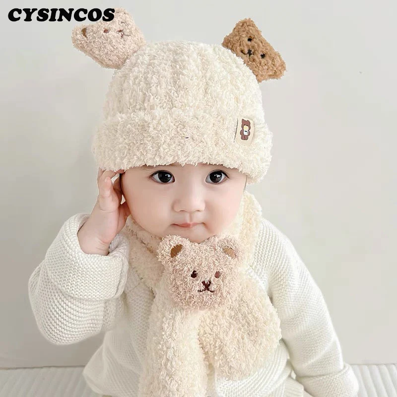 

New Toddler Infant Kid Baby Girls Boys Warm Hat Cute Bear Print Plush Cats + Scarf Outfits Soft Plush Baby Hat Scarf 6M-5Y