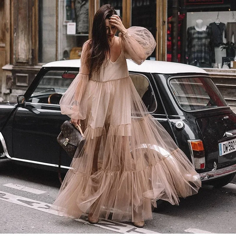 

Fashion Mesh Sheer Party Dress For Womens V Neck Long Puff Sleeve Black White Female Clothing Elegant Maxi Birthday Prom Dresses