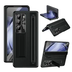 Advanced Pen Slot Hinge Protection Phone Case with Tempered Screen Protector & Invisible Bracket Stand - Galaxy Z Fold4 (Black)