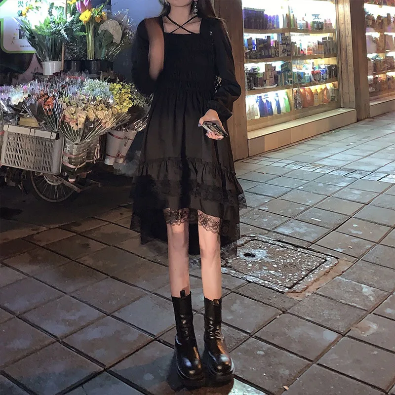800枚ケース 女性のためのゴシックスタイルのイブニングドレス 新しい 黒 四角い襟 かわいいレース フリル シック 春と夏 レンズ付セット Women S Clothing Dresses Lancamentos Romaimoveis Com Br