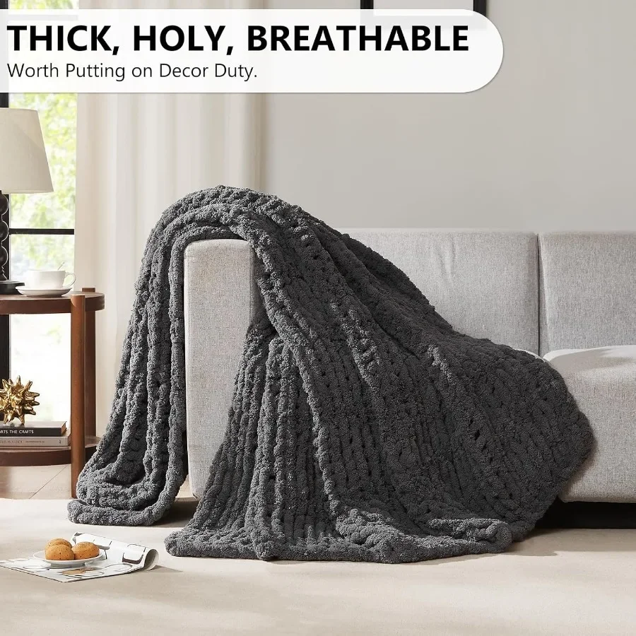 Chunky Knit Blanket Throw: 80''x90'' Chenille Chunky Knitted Throw Blanket for Bed Couch Handmade Thick Big Cable Knit Blanket