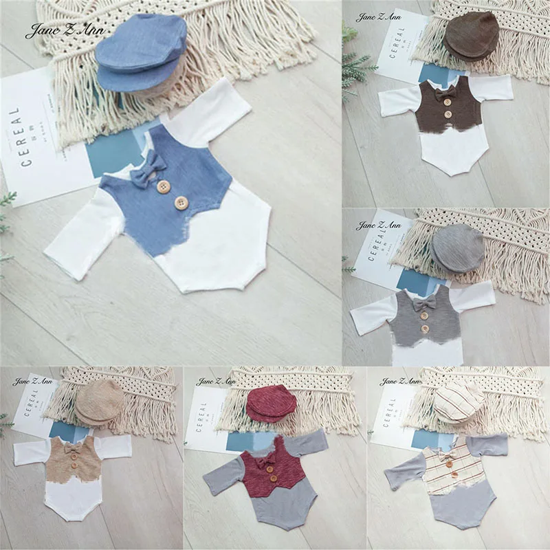 

Newborn photography clothing bow tie vest one-piece romper hat suit baby boys twins children studio photo gentlemen clothes