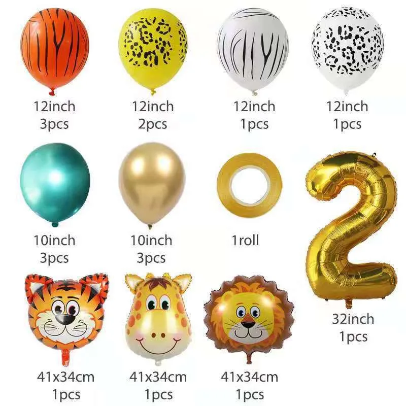 Jungle Animal Balloons Set Chrome Metallic Latex Balloon  Gold Number Kids Birthday Party Baby Shower Decor