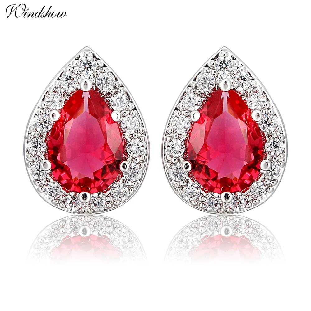 Windshow Pear Cut Red AAA CZ Zircon w/ White Accent Teardrop Stud Earrings For Women Gold Color Jewelry Orecchini Aros | Украшения и