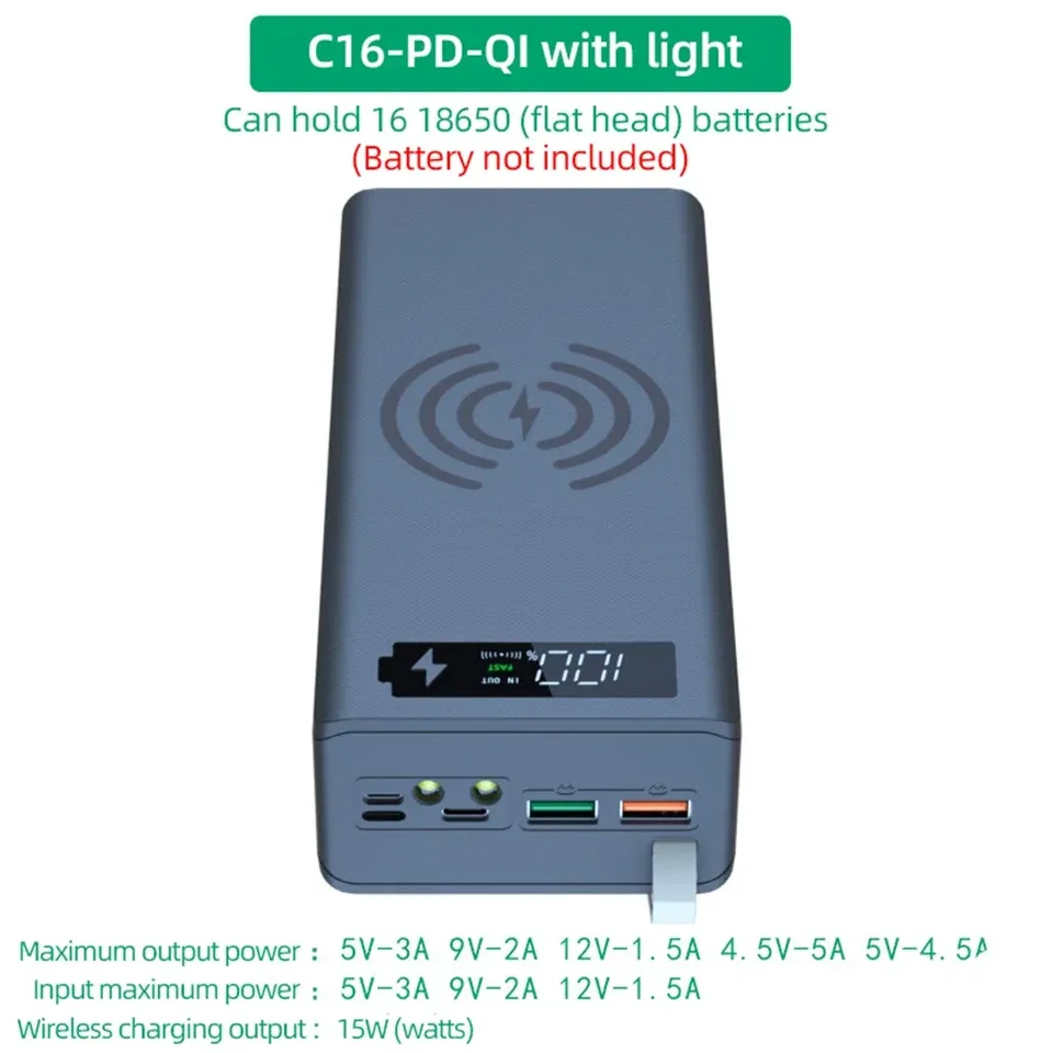 16*18650 Power Bank Case C16 USB Welding Free Power Bank Case Detachable Portable QC 3.0 PD DIY Shell Housing For Powerbank