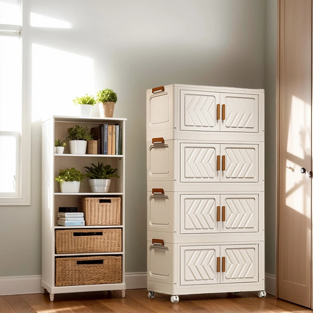 4 Tier Plastic Storage Box with Doors & Wheels Folding Storage Boxes Stackable Closet Organizers for Living Room Bedroom Office