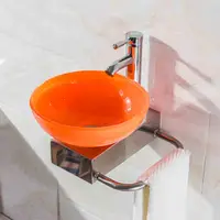 อ่างล้างหน้าติดผนังทรงกลมขนาด 31 ซม. พร้อมชั้นวางอ่างล้างหน้ากระจกนิรภัยอ่างล้างหน้าห้องน้ำอ่างล้างหน้าติดผนังขนาดเล็กพร้อมก๊อกน้ำ 3