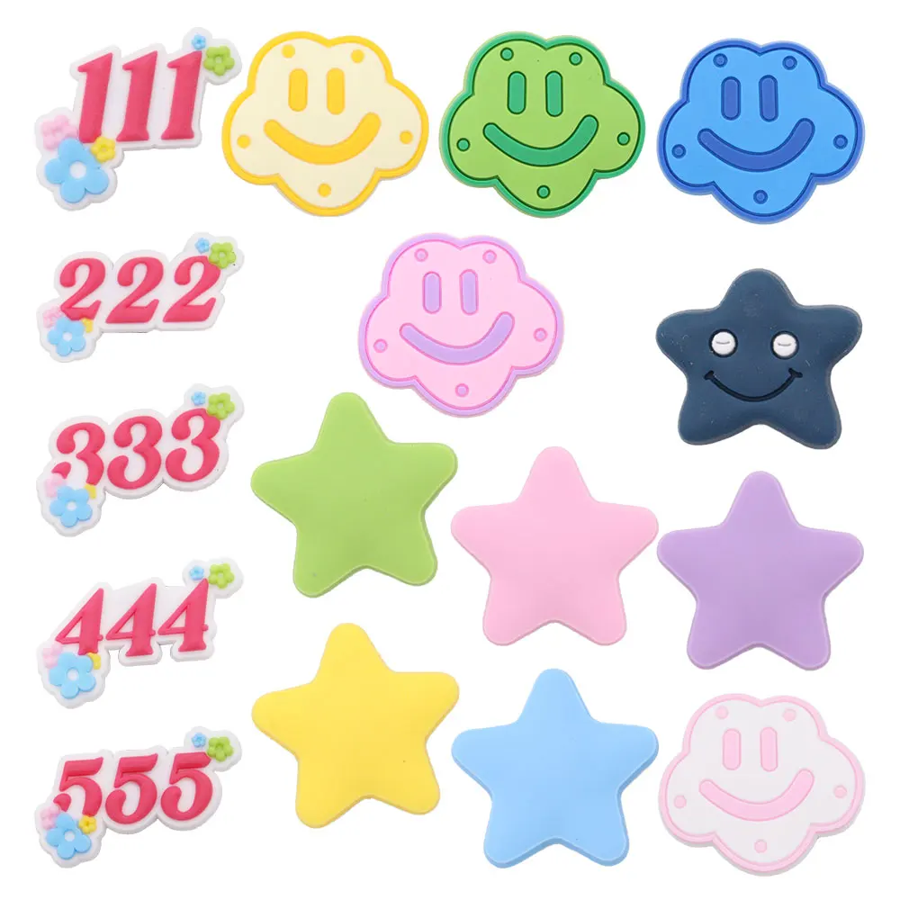 

50pcs Wholesale Multicolor Star Numbers PVC Shoe Buckle Charms Cloud Decorations Kids Button Clogs Fit Wristband Croc JIBZ