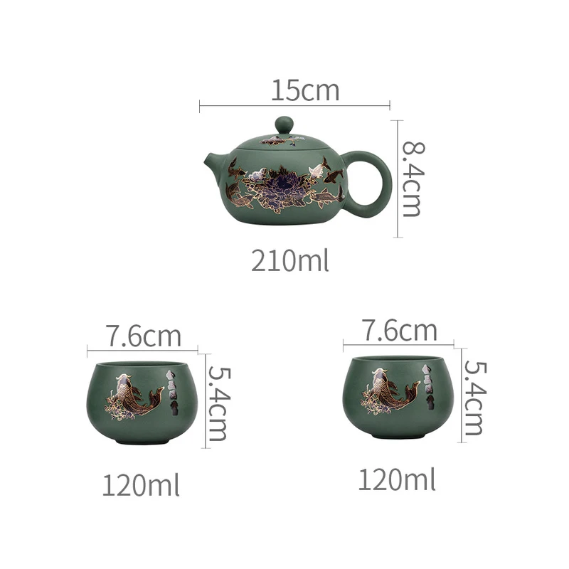 Chinese Style High temperature discoloration Teapot, Purple Clay Raw ore green mud, Kung Fu Household 210ml One pot and two cups