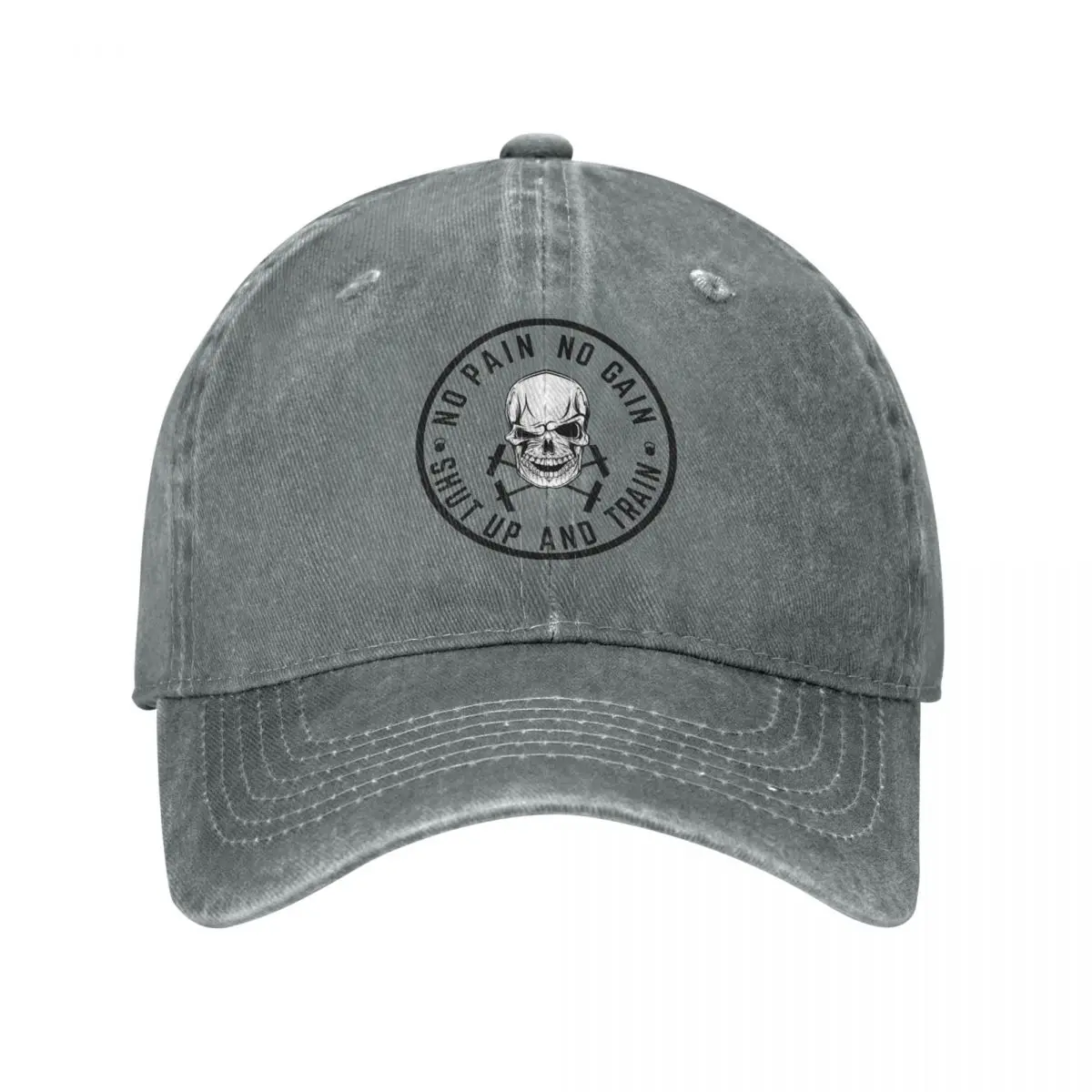 

Vintage No Pain No Gain Shut Up And Train Trucker Hat for Men Women Distressed Denim Washed Snapback Cap Skeleton Outdoor Caps