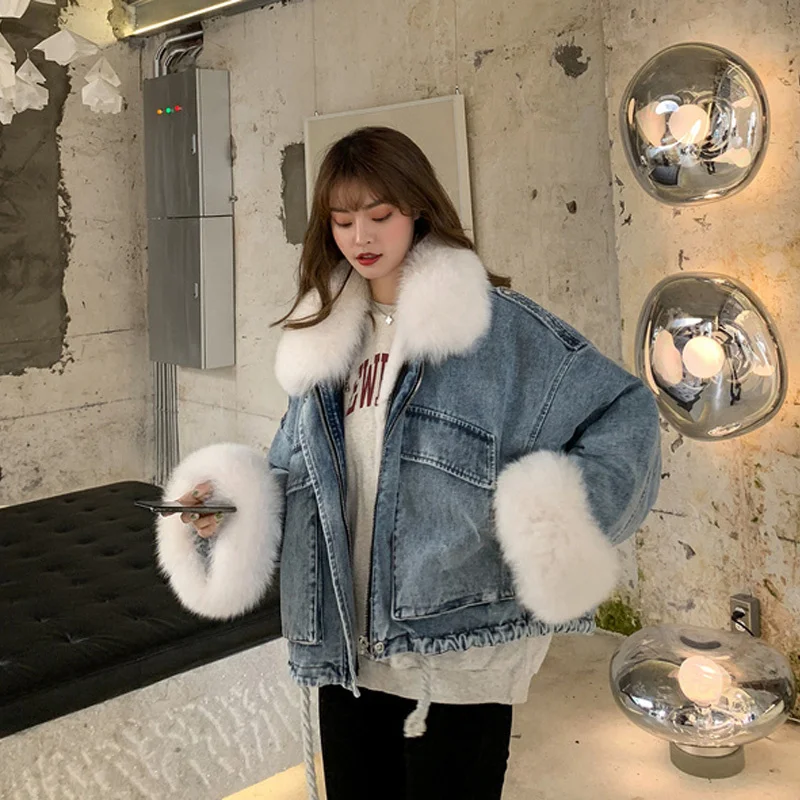 

Женский пуховик с меховым воротником, толстая джинсовая куртка из натурального Лисьего бархата на 2023 натуральном утином пуху, свободная короткая парка, верхняя одежда, зима 90%