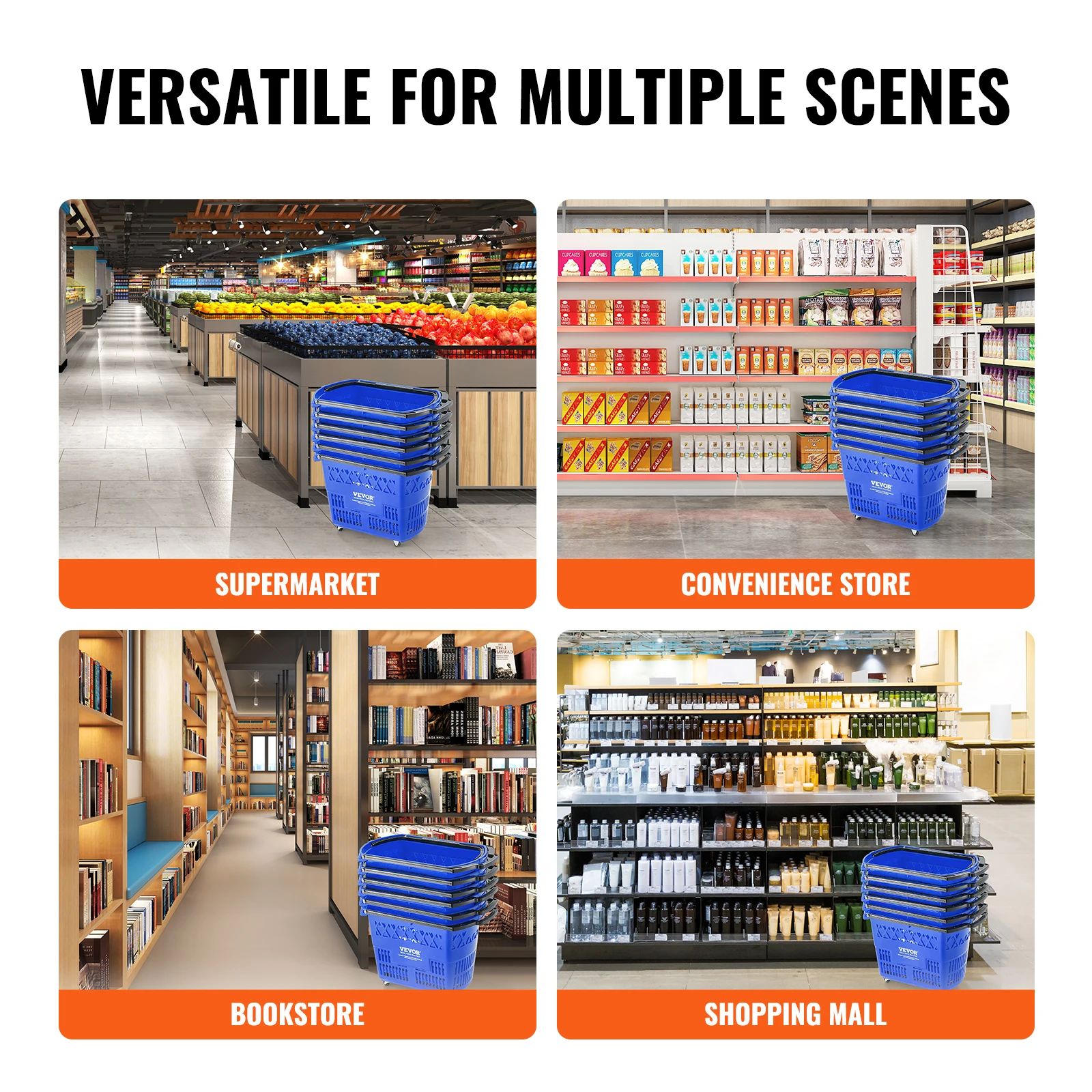 VEVOR 6PCS 39L Shopping Carts with Handles Plastic Rolling Shopping Basket with Wheels for Supermarkets Retail Stores Grocery
