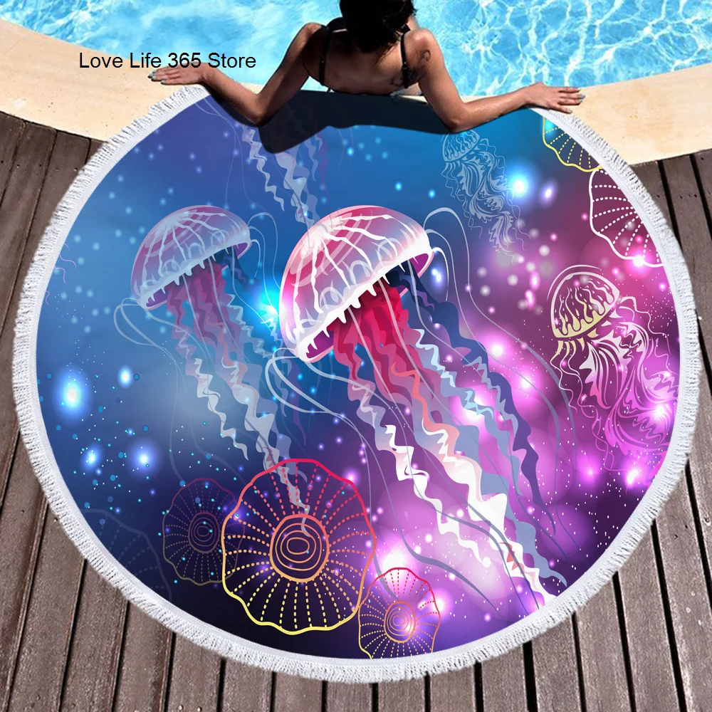

Jellyfish 3D Round Beach Towels Summer Geometric Thick Bath Towel Microfiber Fabric 150cm Size Swimming Travel Sport Adult Kids